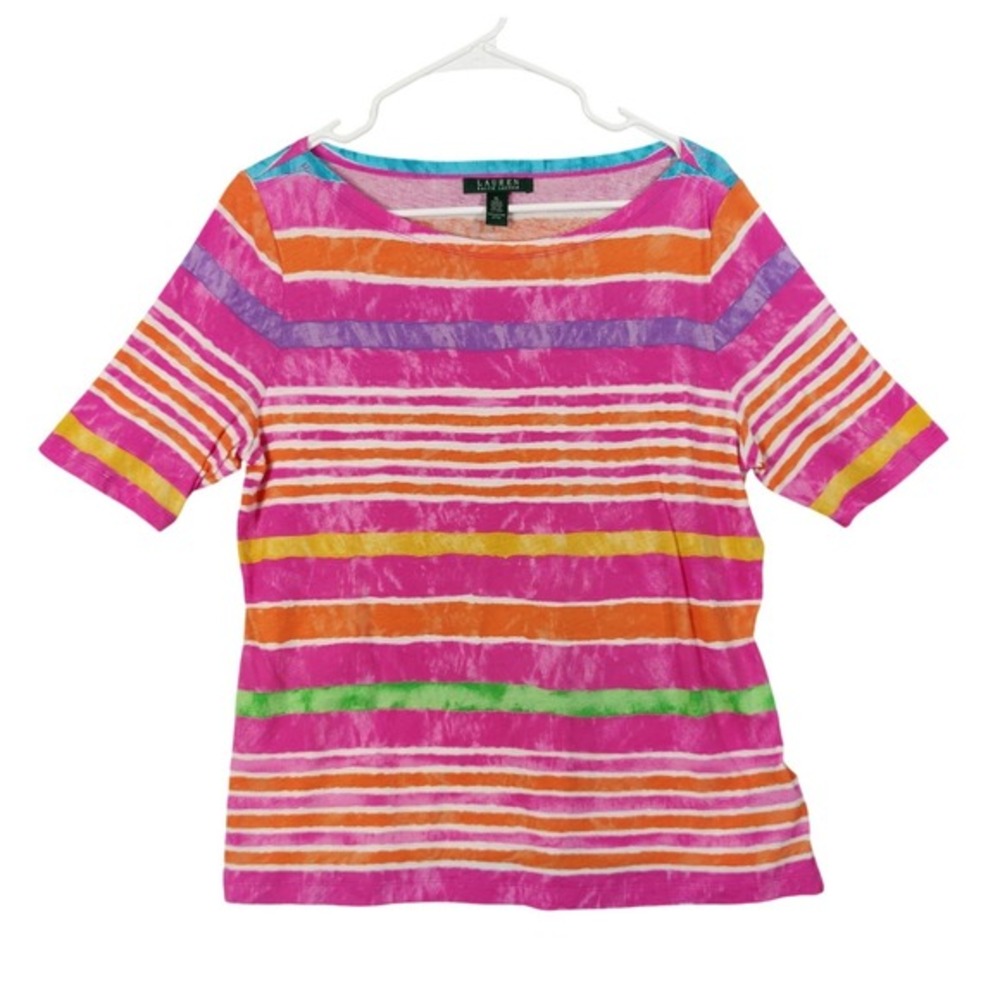Ralph Lauren LRL Womens Striped Boat Neck Short Sleeve Shirt Top XL Pink Orange